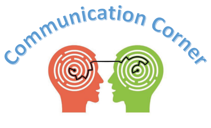 The communication corner logo with mazes inside two heads silhouettes