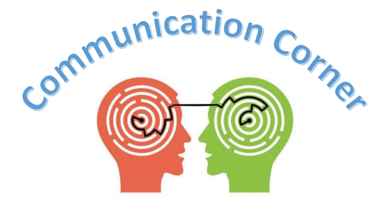 The communication corner logo with mazes inside two heads silhouettes