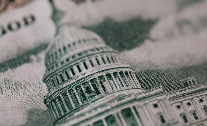 close up of the US congressional building on a dollar bill