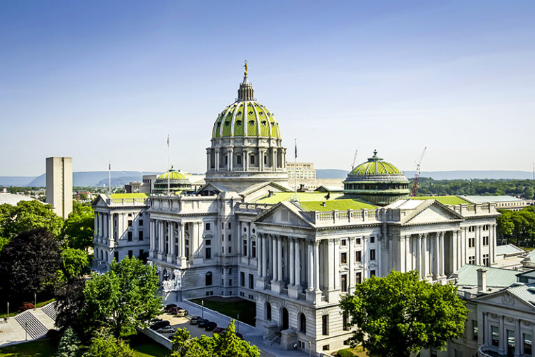 An overview of the PA Capitol building in Harrisburg