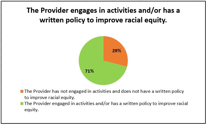 71% of Providers engaged in activities and/or has a written policy to improve racial equity.
29% has not engaged in activities and does not have a written policy to improve racial equity.
