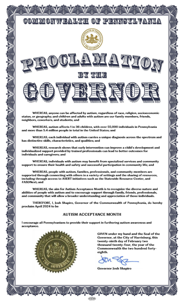 Proclamation by the Governor acknowledging April as Autism Acceptance Month