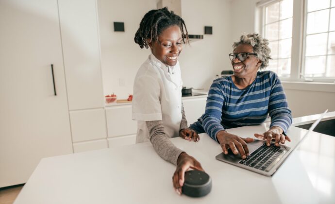 DSP with an aging woman, a tablet and a smart speaker