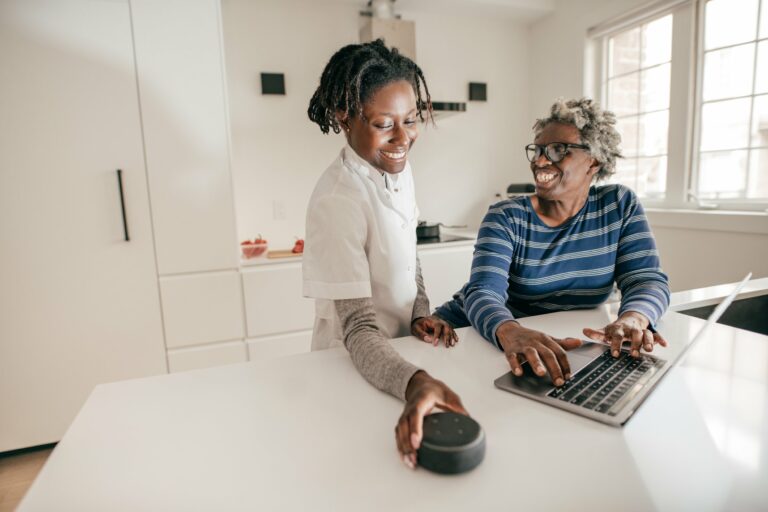 DSP with an aging woman, a tablet and a smart speaker