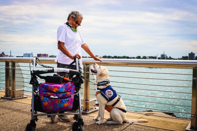 A yellow dog sits looking up at its owner who is smiling down at it. They stand on a dock.