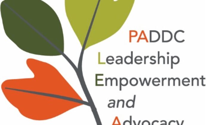 PADDC LEAF logo showing a small branch with green and orange leaves. Reads Leadership Empowerment and Advocacy Fund.