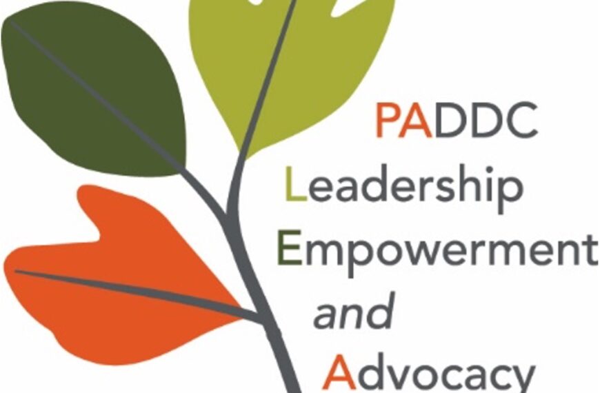 PADDC LEAF logo showing a small branch with green and orange leaves. Reads Leadership Empowerment and Advocacy Fund.