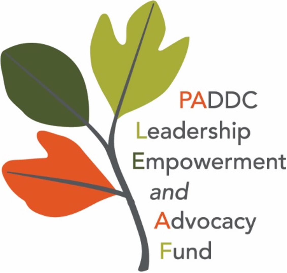 PADDC LEAF logo showing a small branch with green and orange leaves. Reads Leadership Empowerment and Advocacy Fund.