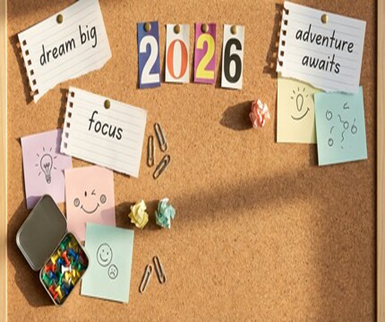 A vision board with 2026 in cutout numbers at the top. It is a cork board with colorful sticky notes with doodles, quotes like "dream big" and "adventure awaits", and push pins.