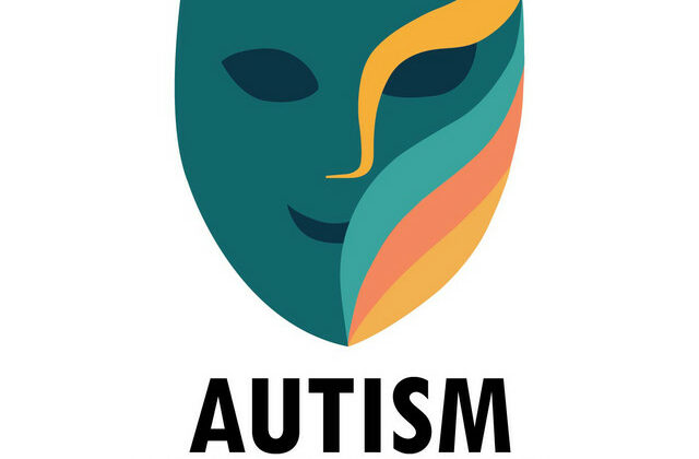 An illustration of a theater mask smiling behind colorful waves on its cheek and a curl of golden hair on its forehead.