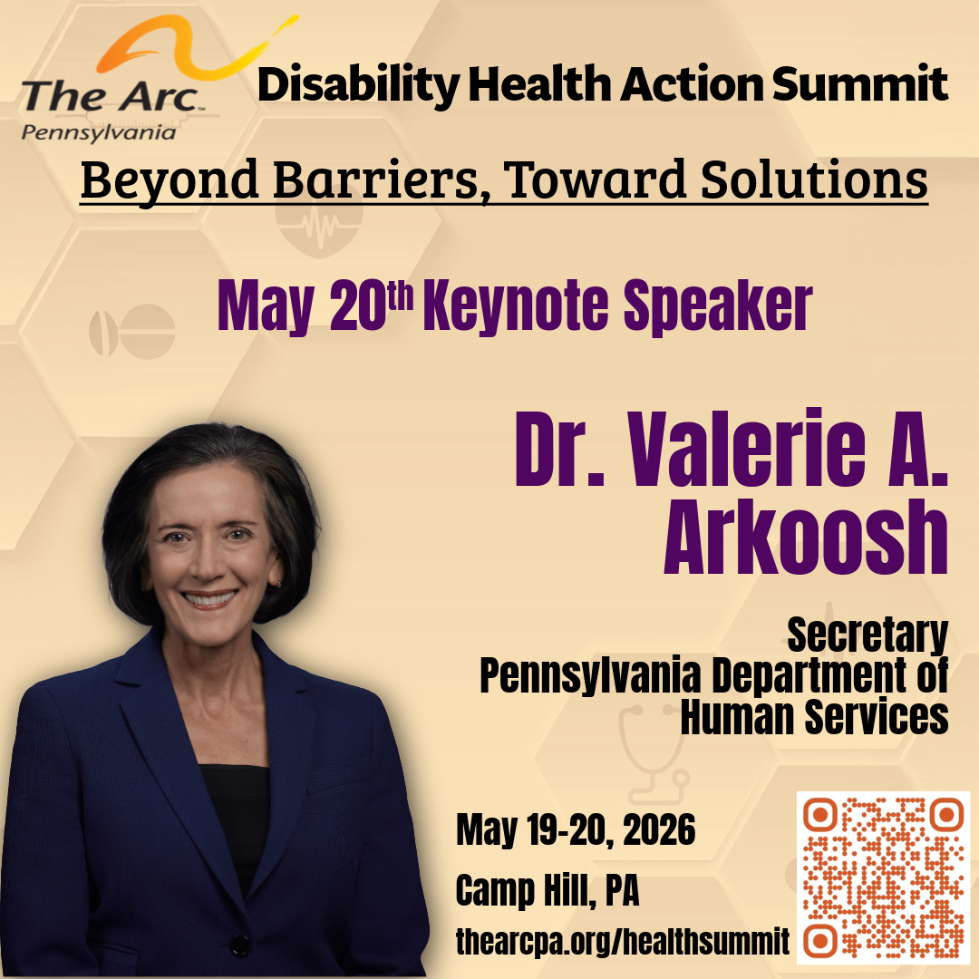 A flyer image for the Disability Health Action Summit featuring a picture of keynote speaker DHS Secretary Val Arkoosh