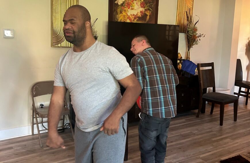 Eric H. and Corey M. - two men - dancing at Brian's House.