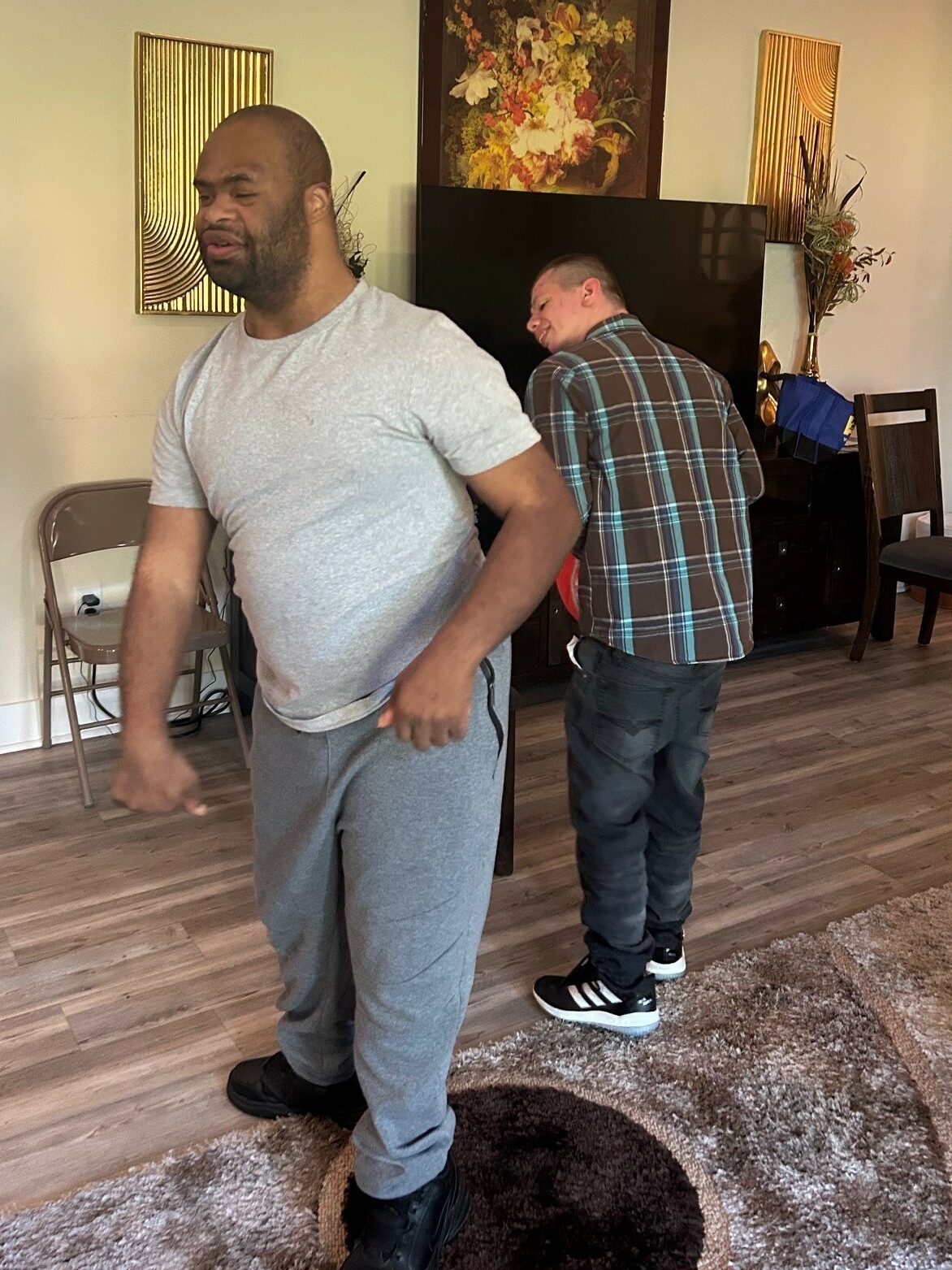 Eric H. and Corey M. - two men - dancing at Brian's House.